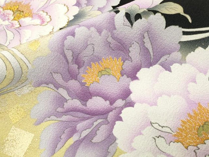 平和屋着物●豪華黒留袖　牡丹花唐草文　暈し染め　金銀彩　正絹　逸品　CABI0633gh