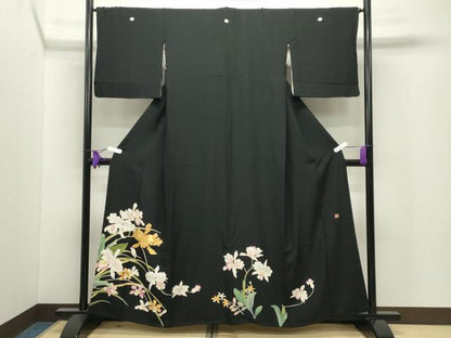 平和屋着物●豪華黒留袖　作家物　駒刺繍　カトレア　金彩　正絹　逸品　CABI0637gh