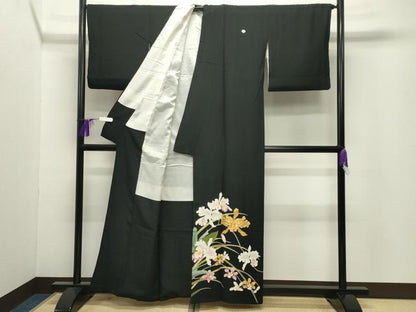 平和屋着物●豪華黒留袖　作家物　駒刺繍　カトレア　金彩　正絹　逸品　CABI0637gh