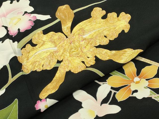 平和屋着物●豪華黒留袖　作家物　駒刺繍　カトレア　金彩　正絹　逸品　CABI0637gh