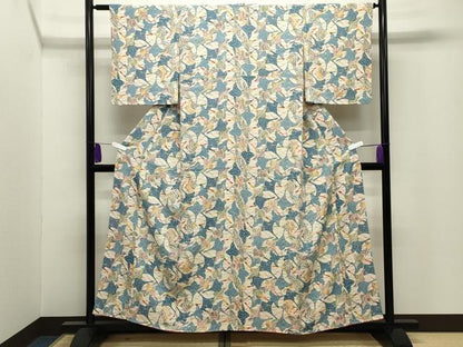 平和屋着物●上質な小紋　型染め　群鶴花文　鬼しぼ縮緬　正絹　逸品　未使用　CABI0640gh