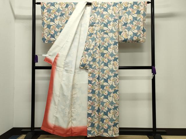 平和屋着物●上質な小紋　型染め　群鶴花文　鬼しぼ縮緬　正絹　逸品　未使用　CABI0640gh