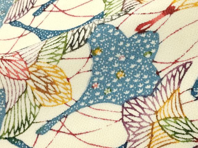 平和屋着物●上質な小紋　型染め　群鶴花文　鬼しぼ縮緬　正絹　逸品　未使用　CABI0640gh