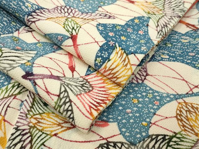 平和屋着物●上質な小紋　型染め　群鶴花文　鬼しぼ縮緬　正絹　逸品　未使用　CABI0640gh