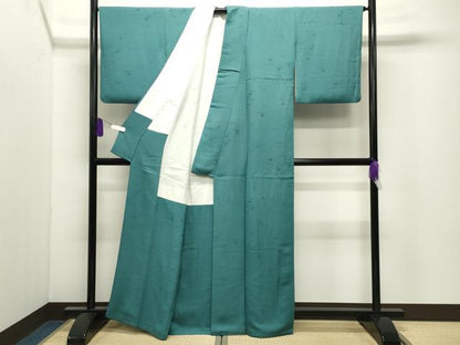 平和屋着物●上質な色無地　作家物　梅笹地紋　青竹色　正絹　逸品　CABI0648gh