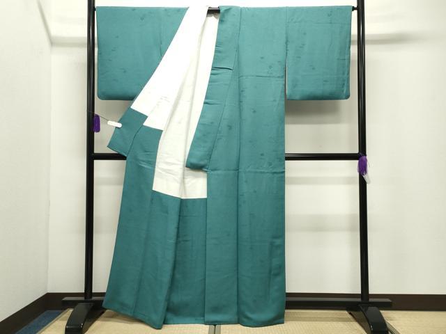 平和屋着物●上質な色無地　作家物　梅笹地紋　青竹色　正絹　逸品　CABI0648gh