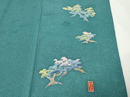 平和屋着物●上質な色無地　作家物　梅笹地紋　青竹色　正絹　逸品　CABI0648gh
