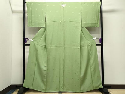 平和屋着物●上質な色無地　吉祥地紋　若苗色　正絹　逸品　未使用　CABI0652gh