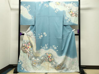平和屋着物●訪問着　刺繍　草花文　暈し染め　金銀彩　ロング丈　正絹　逸品　CABI0665gh