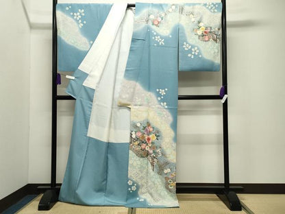 平和屋着物●訪問着　刺繍　草花文　暈し染め　金銀彩　ロング丈　正絹　逸品　CABI0665gh