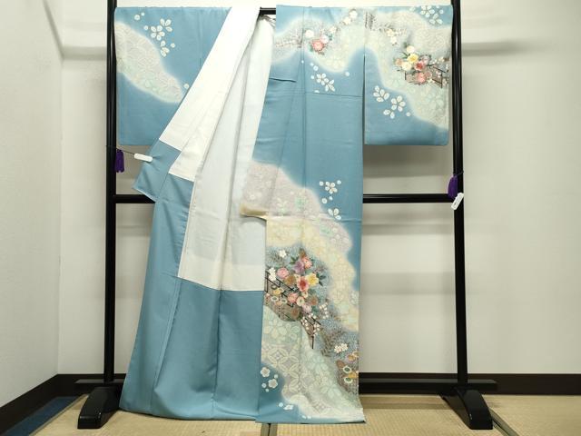 平和屋着物●訪問着　刺繍　草花文　暈し染め　金銀彩　ロング丈　正絹　逸品　CABI0665gh