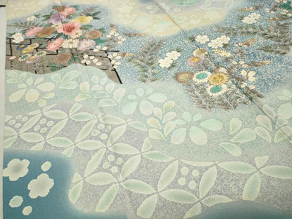 平和屋着物●訪問着　刺繍　草花文　暈し染め　金銀彩　ロング丈　正絹　逸品　CABI0665gh