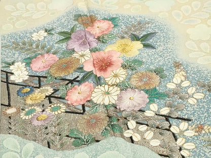 平和屋着物●訪問着　刺繍　草花文　暈し染め　金銀彩　ロング丈　正絹　逸品　CABI0665gh