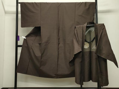 平和屋着物●男性　紬　アンサンブル　色無地　赤墨色　正絹　逸品　CABI0670gh