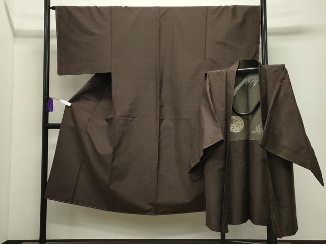 平和屋着物●男性　紬　アンサンブル　色無地　赤墨色　正絹　逸品　CABI0670gh