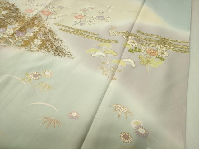 平和屋着物●訪問着　駒刺繍　宝尽くし草花文　暈し染め　金彩　ロング丈　正絹　逸品　未使用　CABI0675gh