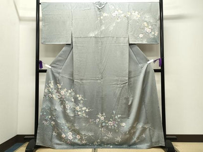 平和屋着物●訪問着　松竹梅花文　たたき染め　正絹　逸品　CABI0677gh