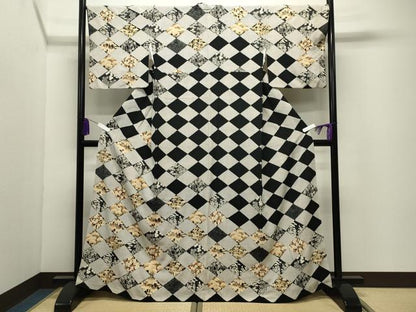 平和屋着物●訪問着　駒刺繍　菱松竹梅文　黒地　金彩　正絹　逸品　CABI0680gh