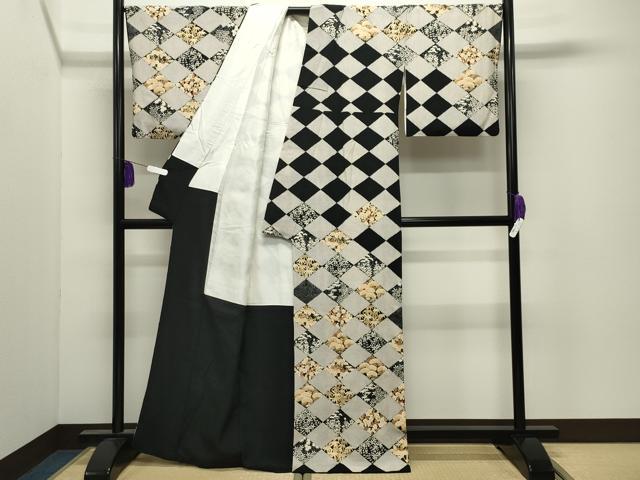 平和屋着物●訪問着　駒刺繍　菱松竹梅文　黒地　金彩　正絹　逸品　CABI0680gh