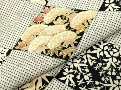 平和屋着物●訪問着　駒刺繍　菱松竹梅文　黒地　金彩　正絹　逸品　CABI0680gh