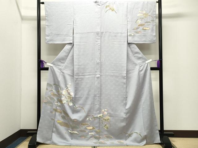平和屋着物●訪問着　駒刺繍　草花文　金彩　ロング丈　正絹　逸品　CABI0681gh