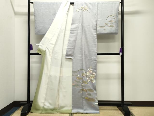 平和屋着物●訪問着　駒刺繍　草花文　金彩　ロング丈　正絹　逸品　CABI0681gh