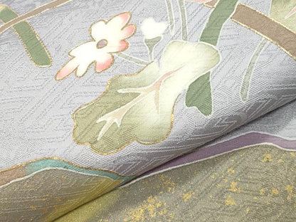 平和屋着物●訪問着　駒刺繍　草花文　金彩　ロング丈　正絹　逸品　CABI0681gh