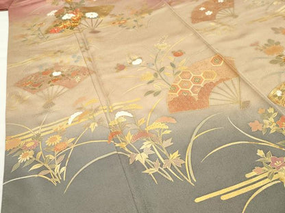 平和屋着物●訪問着　作家物　駒刺繍　扇面花文　暈し染め　金彩　正絹　逸品　CABI0695gh