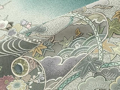 平和屋着物●日本画家　霜鳥忍の世界　彩天目織　色留袖　几帳絵巻花文　暈し染め　正絹　逸品　CABI0712gh