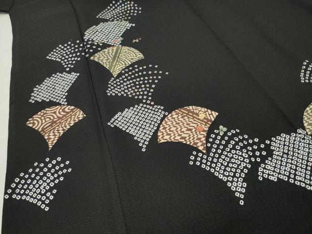 平和屋着物●訪問着　絞り　刺繍　舞花文　黒地　金彩　正絹　逸品　CABI0721gh