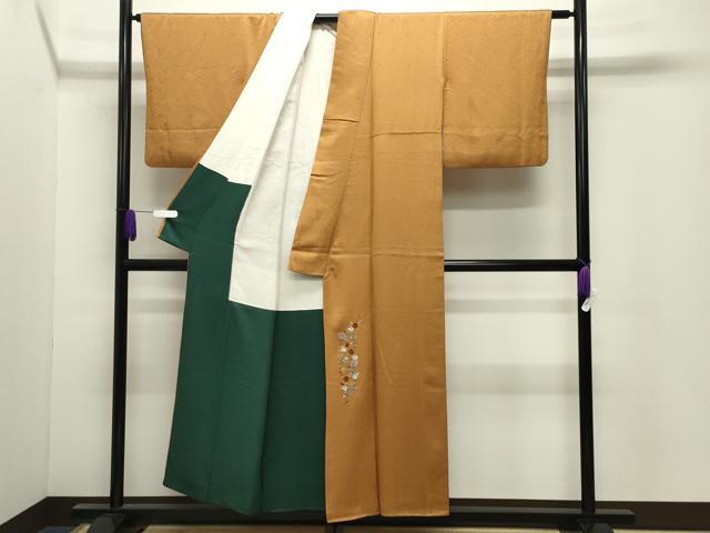 平和屋着物●上質な色無地　刺繍　ワンポイント　扇面花文　花菱地紋　金糸　正絹　逸品　CABI0734gh