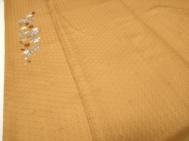 平和屋着物●上質な色無地　刺繍　ワンポイント　扇面花文　花菱地紋　金糸　正絹　逸品　CABI0734gh