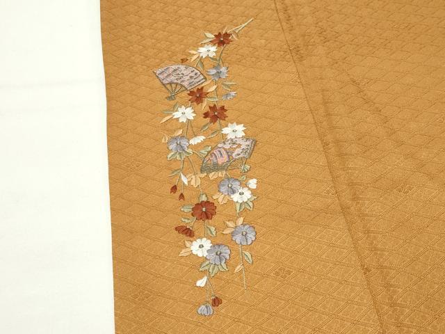 平和屋着物●上質な色無地　刺繍　ワンポイント　扇面花文　花菱地紋　金糸　正絹　逸品　CABI0734gh