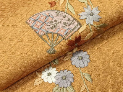 平和屋着物●上質な色無地　刺繍　ワンポイント　扇面花文　花菱地紋　金糸　正絹　逸品　CABI0734gh