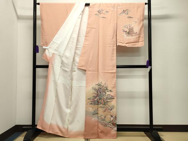 平和屋着物●訪問着　御所車扇面花文　暈し染め　金銀彩　正絹　逸品　未使用　CABI0757gh