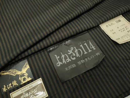 平和屋着物●上質な紬　米沢織　縞　証紙付き　正絹　逸品　未使用　CABI0764gh