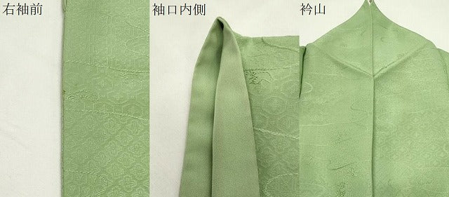平和屋着物●上質な色無地　エ霞花鳥地紋　苗色　正絹　逸品　CABI0772gh