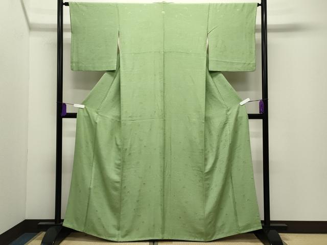 平和屋着物●上質な色無地　エ霞花鳥地紋　苗色　正絹　逸品　CABI0772gh
