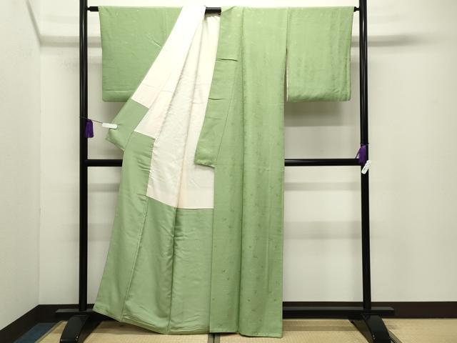 平和屋着物●上質な色無地　エ霞花鳥地紋　苗色　正絹　逸品　CABI0772gh