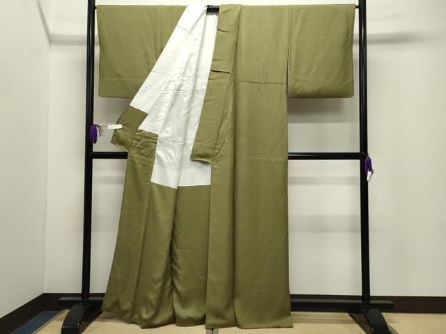 平和屋着物●上質な色無地　五木ひろし　草花地紋　鶯色　正絹　逸品　CABI0778gh