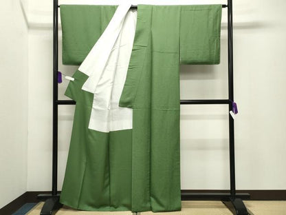 平和屋着物●上質な色無地　花唐草地紋　草色　正絹　逸品　未使用　CABI0782gh