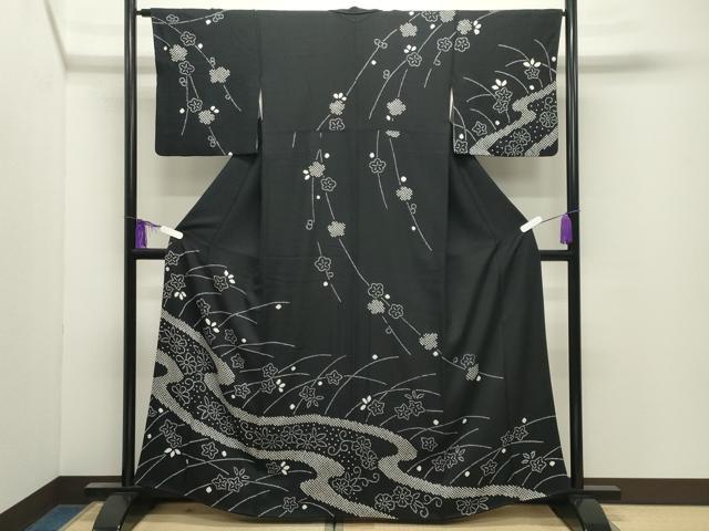 平和屋着物●訪問着　総絞り　流水草花文　黒地　正絹　逸品　CABI0793gh