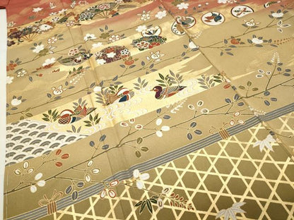 平和屋着物●訪問着　扇面鴛鴦花文　暈し染め　金彩　正絹　逸品　未使用　CABI0814gh