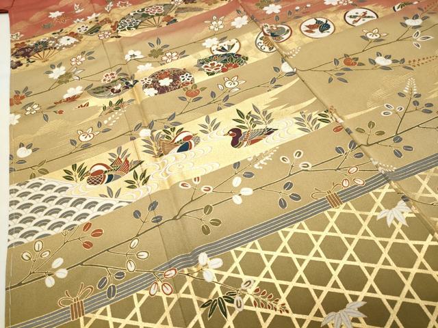 平和屋着物●訪問着　扇面鴛鴦花文　暈し染め　金彩　正絹　逸品　未使用　CABI0814gh