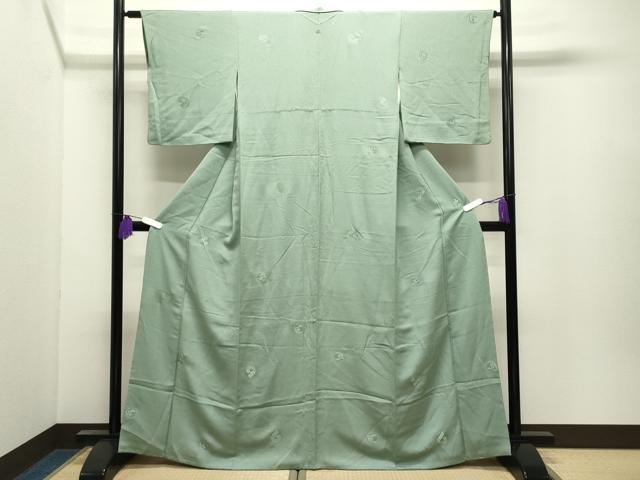 平和屋着物●中国三大刺繍　スワトウ刺繍　総刺繍　色無地　梅笹地紋　薄萌葱色　正絹　逸品　CABI0816gh