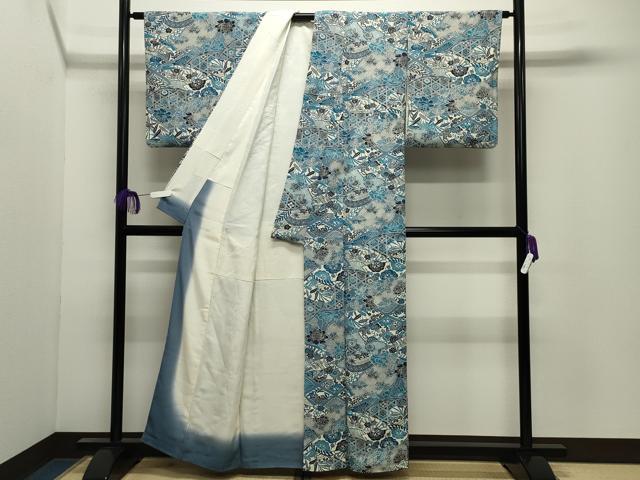平和屋着物●上質な小紋　藍　型染め　籬扇面花文　正絹　逸品　CABI0835gh