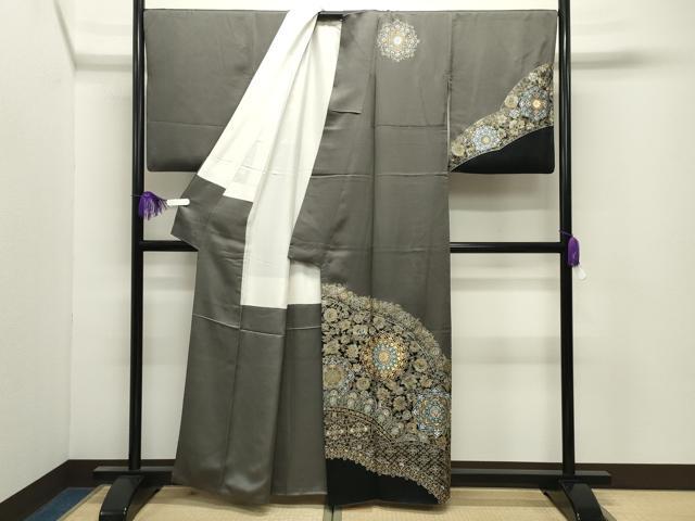 平和屋着物●玉虫金彩　加藤信和　訪問着　更紗花唐草文　黒地　正絹　逸品　CABI0845gh