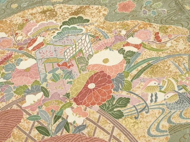 平和屋着物●訪問着　御所車鴛鴦花文　金彩　正絹　逸品　CABI0863gh