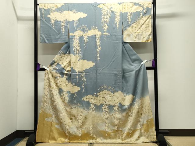 平和屋着物●訪問着　駒刺繍　渡橋枝垂れ桜文　暈し染め　金彩　正絹　逸品　CABI0878gh