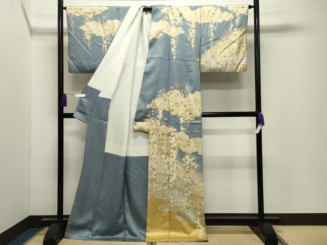 平和屋着物●訪問着　駒刺繍　渡橋枝垂れ桜文　暈し染め　金彩　正絹　逸品　CABI0878gh